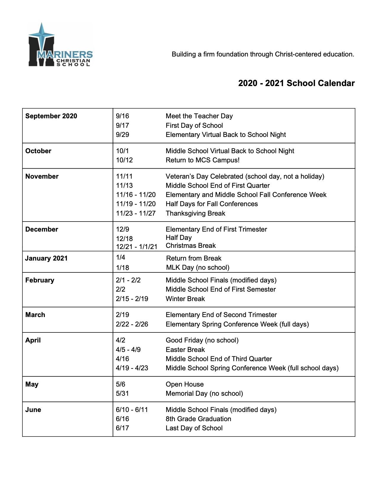 Calendar Mariners Christian School